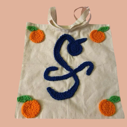 orange and pinkwheel crochet canvas tote bag